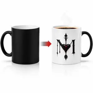 11oz Reusable Washable Ceramic Heat-Sensitive Mug - Gothic Heart Arrow M Design, Black-to-White Color Change, Halloween Spooky Romantic Home Supplies Gift