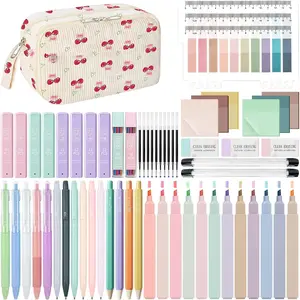 62 count Aesthetic School Supplies with Corduroy Pencil Case, Pastel Highlighters Gel Pens Mechanical Pencils, Cute College Essentials Set (Cherry)