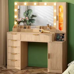 【SHIPS IN 2 BOXES】Fluted Makeup Vanity Desk with Large 31.4" Mirror and Sound Sync RGB Lights, Wood Vanity with 6 Drawers, 2 Cabinet & 3 Compartments, Charging Station, Bedroom Dressing Table, Natural Oak