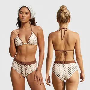 Women's Vertical Striped/Dot Bikini Set Beaded Halter Bikini Tops with High Waisted Drawstring Shorts Beach Wear