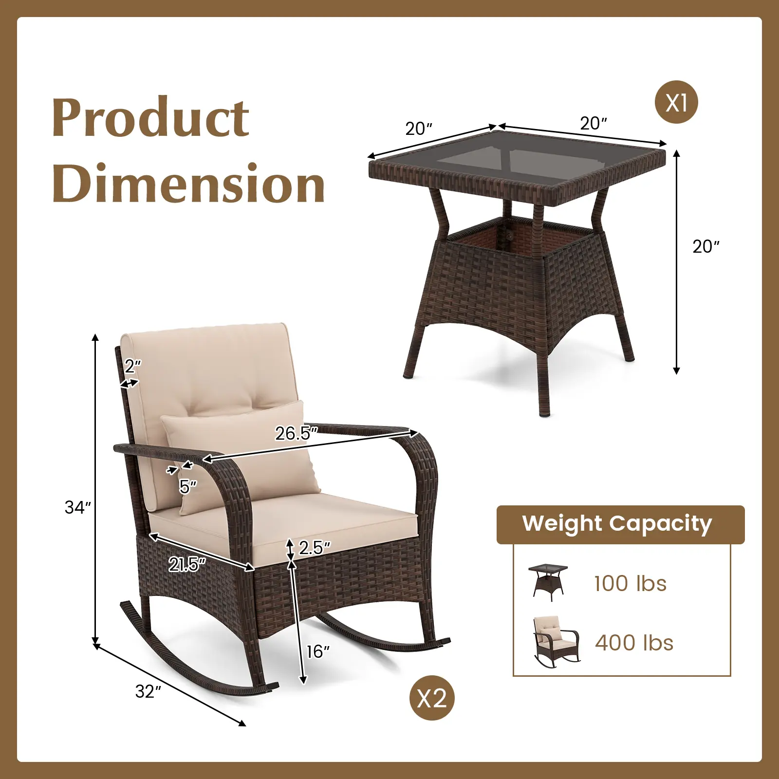 COSTWAY - 3 Piece Outdoor Rocking Set with Tempered Glass Coffee Table for Backyard Poolside-Brown