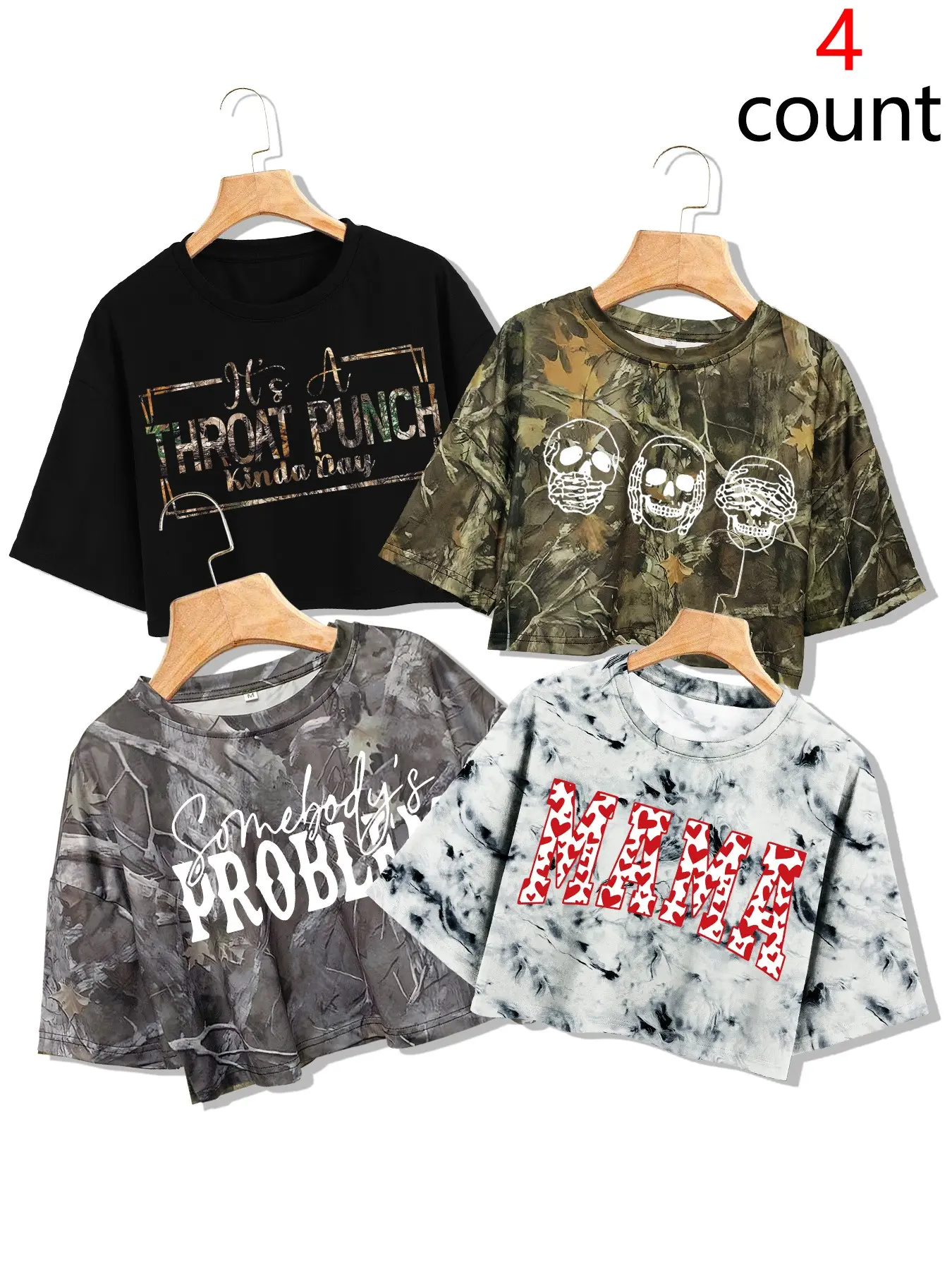 Women's 4-Pack Y2K Retro Crop T-Shirts, Western Style, Cherry & Bull Head & Letter Print, Loose-Fit, Versatile Fashion Summer Tops