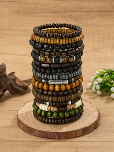 Vintage Natural Wood Bead Bracelet Set, Multi-Piece Tiger Eye Beaded Stackable Bracelets, Stacked Design Bracelets, Bohemian Forest Style Jewelry, Elegant Handmade Accessories