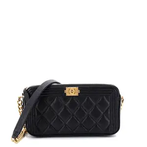 Pre-owned CHANEL Leather Clutches & Wristlets Boy Double Zip Clutch with Chain Quilted Caviar by Rebag