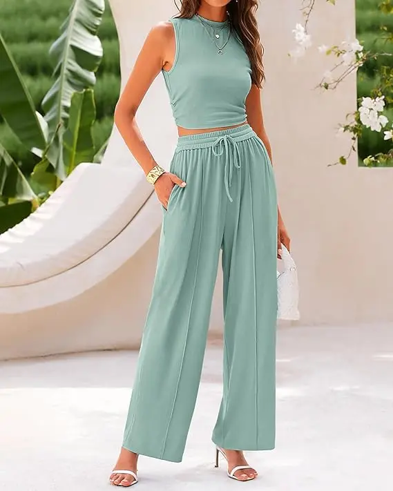 BTFBM Women's Summer 2-Piece Outfits - Ribbed Knit Crew Neck Sleeveless Cropped Top & Wide Leg Pants Lounge Set #Outdoorfun BTFBM Women's Summer 2-Piece Outfits - Ribbed Knit Crew Neck Sleeveless Cropped Top & Wide Leg Pants Lounge Set #Outdoorfun