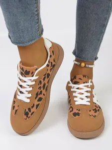 Women's Leopard Print Colorblock Sneakers, N-Shape Soft Sole Breathable Casual Sports Shoes, PU Leather, All Seasons