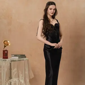 Black Whisper Corset Dress-LuminaVenus Dresses Women's Sexy Off-the-Shoulder Long Sleeve Solid Black Ruffled Hem Floor-Length Formal Evening Gown for Parties Galas Homecoming Birthday Para Fiesta Elegant Feminine Statement Satin Womenswear Lace