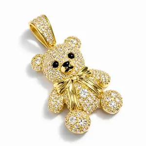 Teddy Bear Pendant with Clear CZ Stones – 14K Gold Laminated Shiny Charm