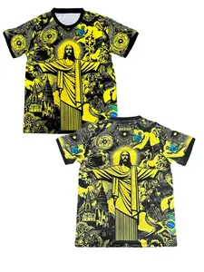 Brazil Christ the Redeemer Print Soccer Jersey Yellow Black Tropical Style Breathable Quick Dry Short Sleeve Football Shirt for Brazil Fans, Brazilian Football Enthusiasts, Travel Lovers & Soccer Collectors