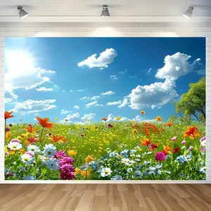 Background Cloth Featuring a Park Scene with Blooming Flowers, a Grassy Field, Blue Sky, and White Clouds, Showcasing Spring and Autumn Elements. Made of, Suitable for Photo Studios, Living Room