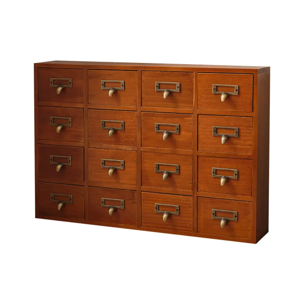 16-Drawer Rustic Wood Apothecary Cabinet - Home Office Furniture, Space-Saving Storage Organizer with Label Slots, Bookshelf with Drawers, 19.6x3.94x13.78 inch for Home Office, Bathroom, Kitchen Decoration, Traditional