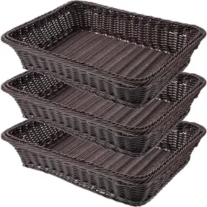 3 PCS 16 Inch Wicker Bread Basket, Woven Serving Basket, Tabletop Food Serving Basket for Restaurant, Bakery, Family Party, Hotel Serving, Fruits, Vegetables and Snacks, Coffee, Dark Brown
