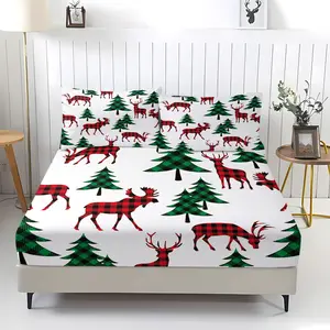 3-piece Small Christmas Tree Pattern fitted sheet, including 1 bed sheet and 2 pillowcases, comfortable bedding with anti-slip dust cover suitable for bedrooms and guest rooms,perfect for personal use or as a Christmas gift, Decorative Bedsheet Sets