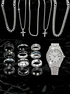 Men's Stainless Steel Jewelry Set, Casual Cross Necklace & Ring set & Watch, Perfect Gift for Father's Day ,Birthdays & Dates, All-Season Accessories