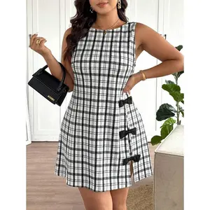 PlusSizeWomen'sPlaidPrintDress,SideBowDecor,Elegant&FashionableDesign,RoundNeckCasualEverydayCuteDress,GraduationDressFabricFitSleeveWomenswearFittedZipperMulticolorSummer
