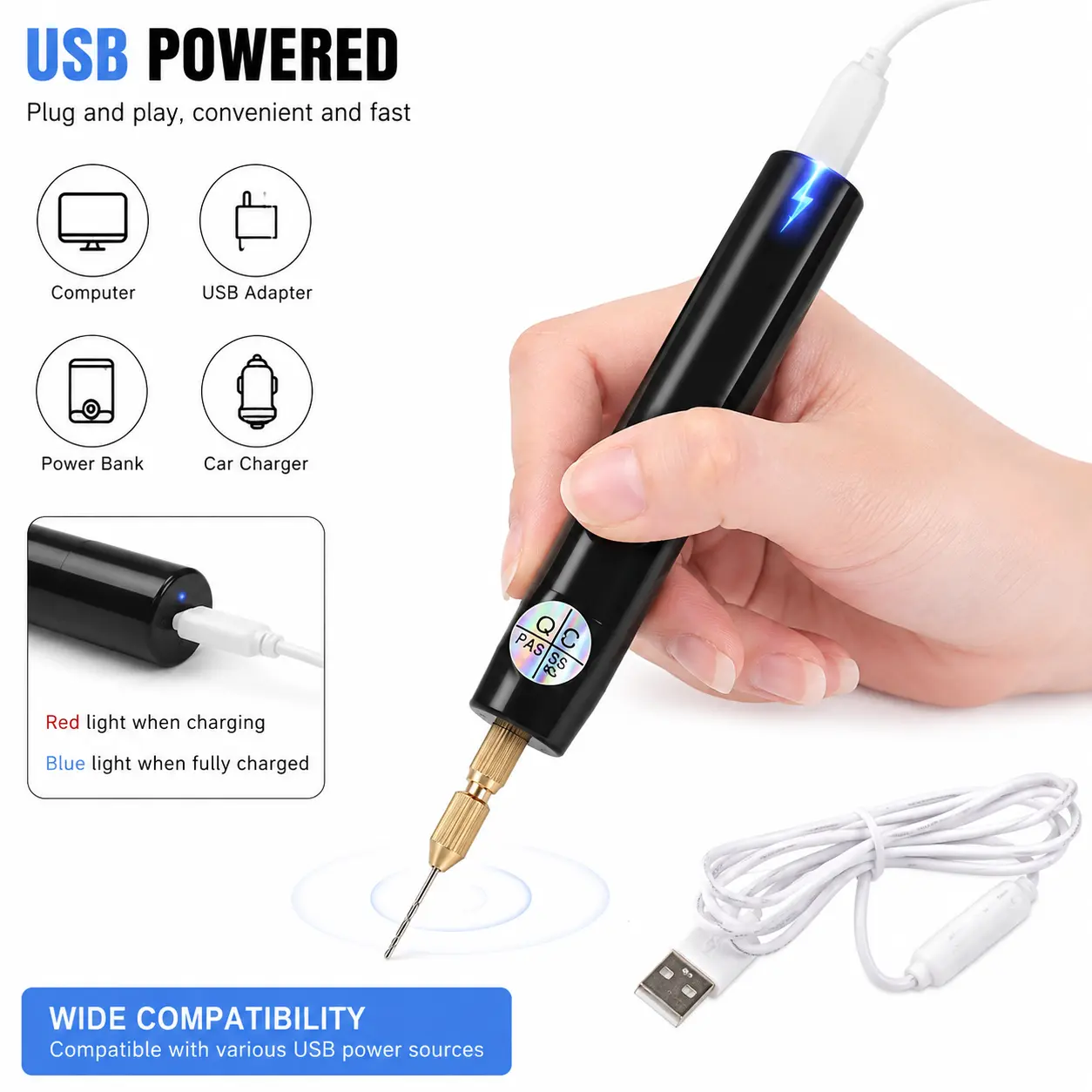 Micro Handheld Electric Drill Set, USB Powered Mini Drill with 3 Drill Bits (1.0mm & 1.2mm), 0.7-1.2mm Chuck Range, Resin Jewelry Making Tool for DIY Crafts, Keychain, ABS & Acrylic Projects