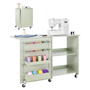 VEVOR Folding Sewing Table, Multipurpose Sewing Machine Table with Compact Design, Wheels, Wooden Pegs, Storage Trays and Shelf, Magnetic Door Lock, Craft Station and Side Desk for Home, Light Green