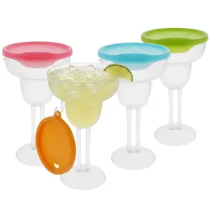 Plastic Margarita Glasses with Drink-Through Lid, 4 Pack, 13.5 oz Dual-Stemmed BPA-Free Plastic Drinkware Shatterproof, Made in USA