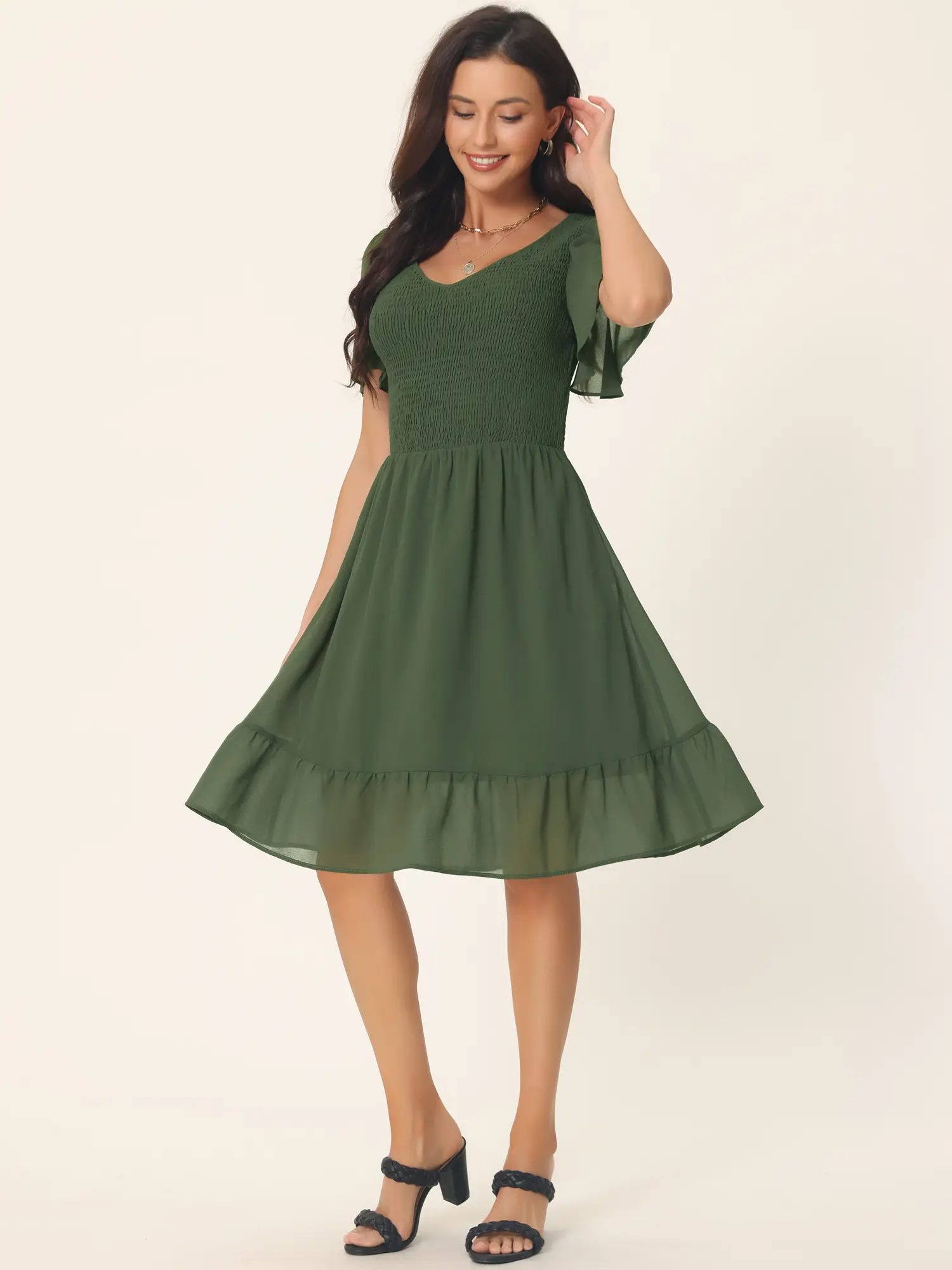 INSPIRE CHIC Summer Chiffon Smocked V Neck Flutter Short Sleeve Flowy Casual Dress with Pockets