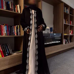Black Open Abaya with Beige Inner 3 Piece Set Hijab Belt Modest Outfit for Women