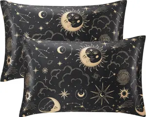 Pillowcase for Hair and Skin Queen - Black Printed Silk Pillowcase 2 Pack 20x30 inches - Satin Pillow Cases Set of 2 with Envelope Closure