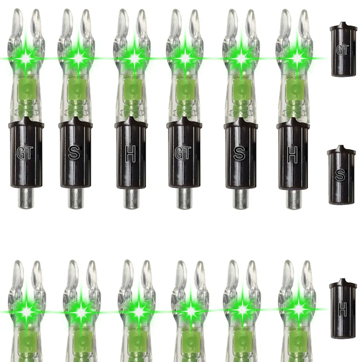 12pcs X Lighted Nocks for Arrows with .205'' .232'' .244'' .248'' Inside Diameter with H, S, GT Bushings, High-Visibility Light Up Nocks with ON/Off Switch for Archery Green