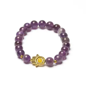 Beaded Hamsa Bracelet with Amethyst Beads and Gold Charm for Protection and Good Fortune - Stylish & Meaningful Accessory