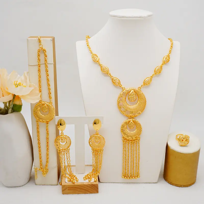 Jewelry Set for Women, 4-Piece Luxury Gold-Plated Alloy with Fringe Statement Necklace, Bracelet, Ring, and Drop Earrings, Earrings Set, Gold Jewelry Sets