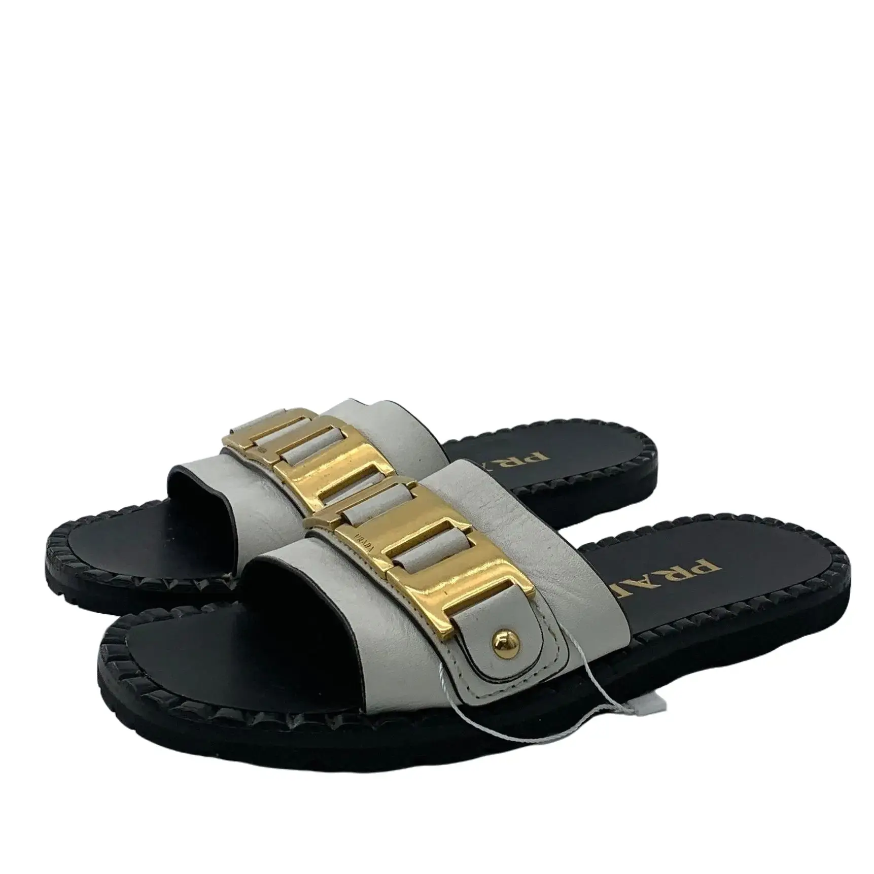 RDLT-Prada Size 36 Black Metal Logo Flat Slide Sandals-X36771