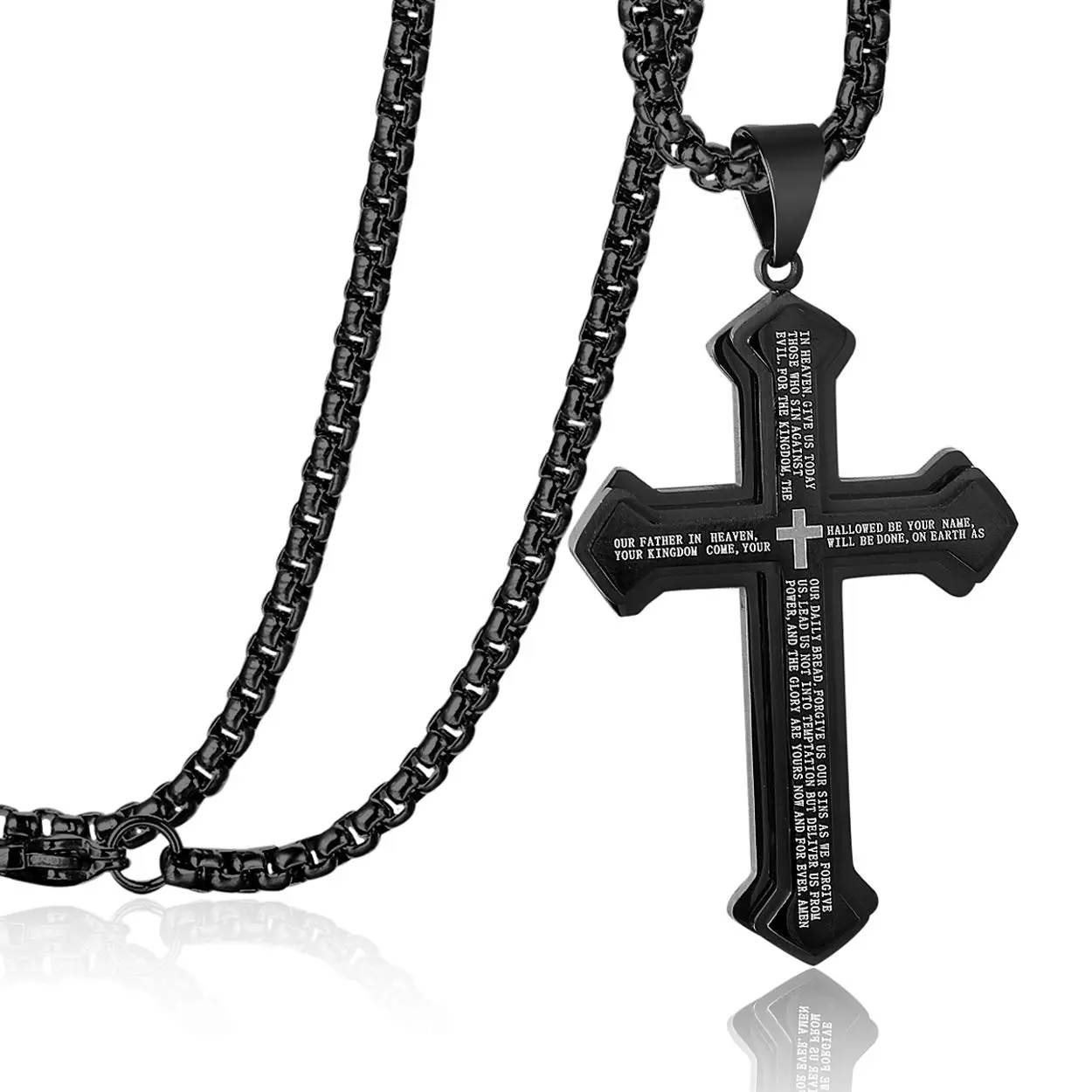Men's High Quality Stainless Steel Large Cross Necklace, 3.0 inch Statement Pendant with Engraved Lord's Prayer, 24 inch Chain, Daily Faith Jewelry, Statement Necklace, High Quality Stainless Steel Chain, Rust‑Resist Steel