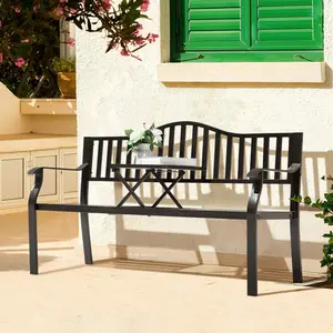 E-Coated Metal Frame Outdoor Bench with Backrest and a Built-In Small Table