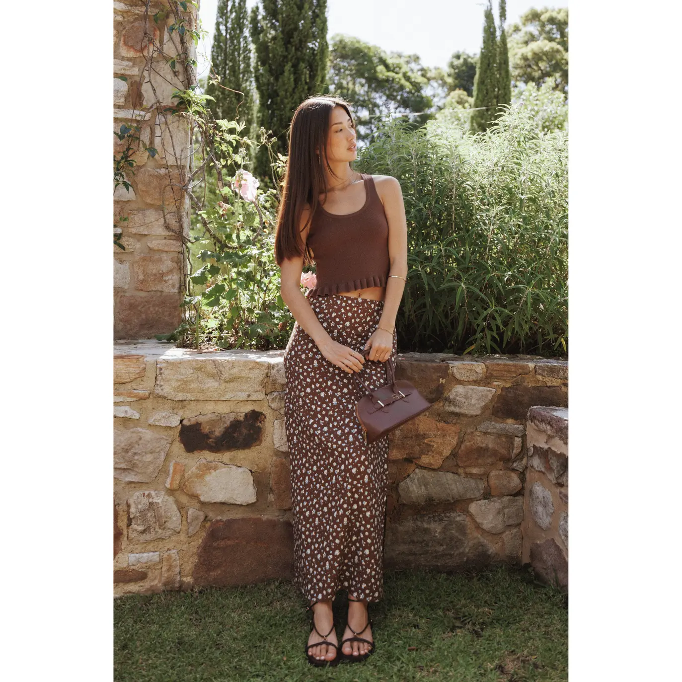 Madison Linen Column Skirt - Brown Floral