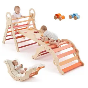 VEVOR Pikler Triangle Set, 9-in-1 Toddler Climbing Toys Indoor, with 2 Wooden Cars, Cushion, Triangle, Arch, and Ramp, 150 lbs Load, Foldable Montessori Climbing Set for Toddlers and Kids, Orange