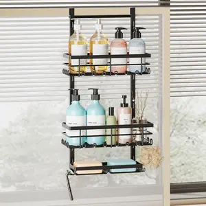 Over The Door Shower  - 3 Tier Rustproof  Shower Organizer with Adjustable Shelves, 28 Hooks & Soap Holder,  Shower Rack Storage for Bathroom Accessories, Black