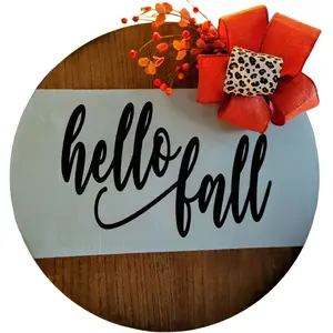 Hello Fall Large Round Door Hanger Gift Wall Decor Hand-Painted Rustic Wood Leopard Print Ornaments Lightweight Easy to Hang for Autumn Seasonal Charm