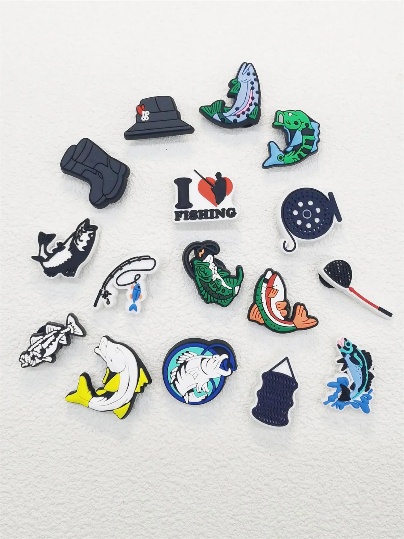 Cartoon Fishing Theme Shoe Charms Set, 16pcs Cute PVC Shoe Decoration for Clogs, Shoes Diy Buckle Decorations, Shoe Accessories, Shoe Embellishments, Shoe Adornments, Decorative Shoe Accessories for Women & Men Birthday Party Gifts