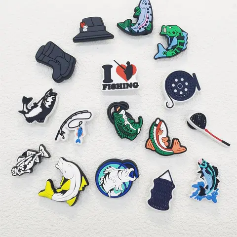 Cartoon Fishing Theme Shoe Charms Set, 16pcs Cute PVC Shoe Decoration for Clogs, Shoes Diy Buckle Decorations, Shoe Accessories, Shoe Embellishments, Shoe Adornments, Decorative Shoe Accessories for Women & Men Birthday Party Gifts
