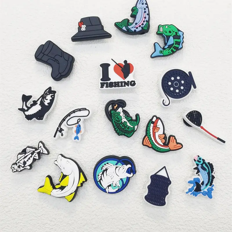 Cartoon Fishing Theme Shoe Charms Set, 16pcs Cute PVC Shoe Decoration for Clogs, Shoes Diy Buckle Decorations, Shoe Accessories, Shoe Embellishments, Shoe Adornments, Decorative Shoe Accessories for Women & Men Birthday Party Gifts