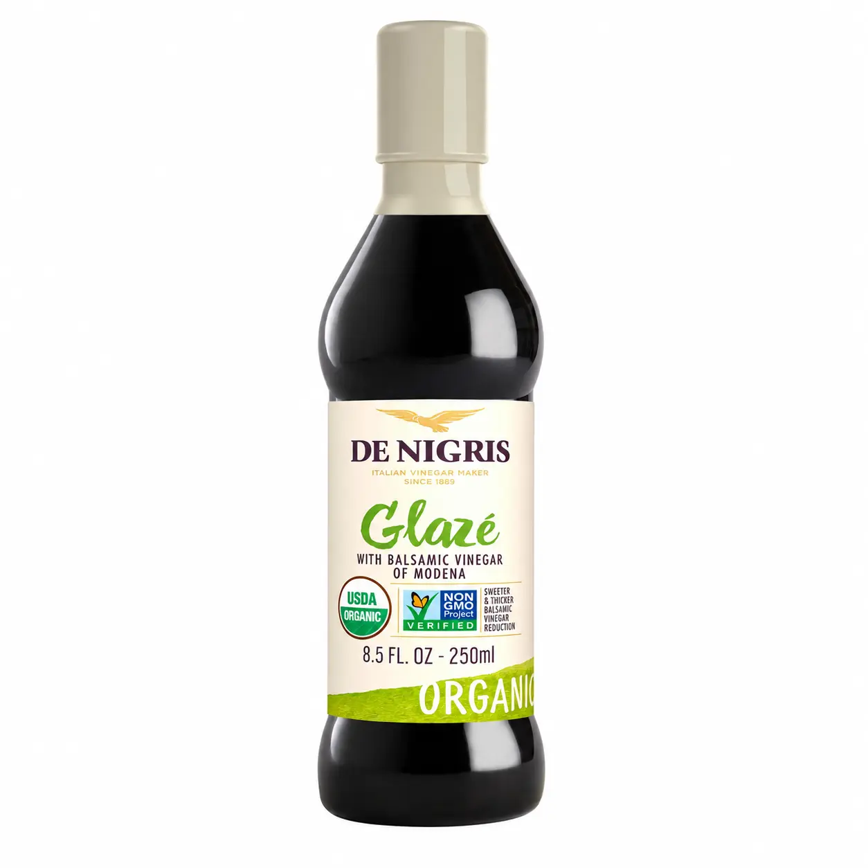 De Nigris Certified Organic Aged Balsamic Vinegar Glaze - Authentic Balsamic Vinegar of Modena, Italy, Aged for Flavor, Sweet-Tangy, Saturated Fat Free, 8.5 fl oz (250ml) Squeeze Bottle, Pantry, Contains Balsamic Vinegar