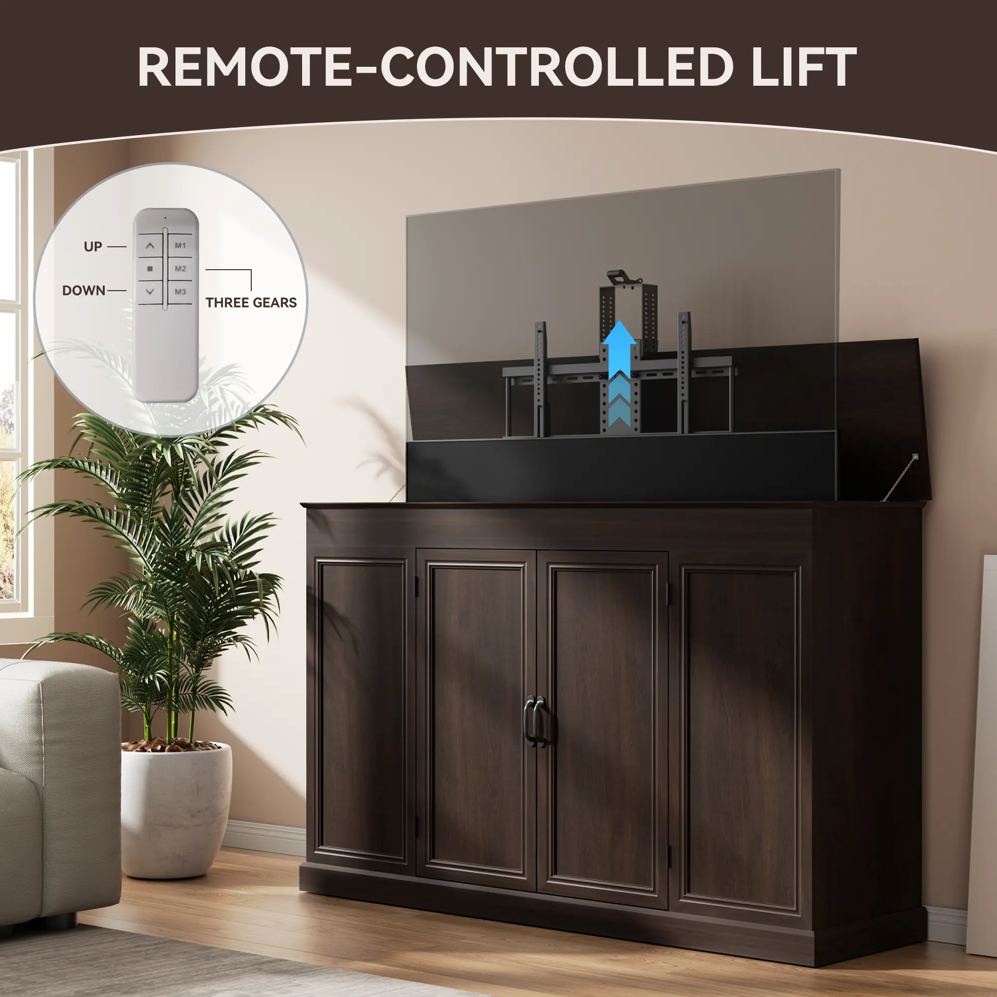 AHB TV Lift Cabinet with Motorized Hidden TV Lift, Height Adjustable Entertainment Center for 32-65 Inch TVs, Cabinet for Living Room, Bedroom and Home Office, Walnut homeessentials Television Stand Tv Console Cabinet Modern Tv Stand Tv Media Stand