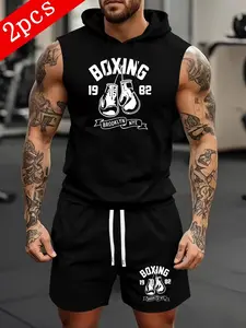 Men's 'Boxing 1982 Brooklyn' Theme Black Sleeveless Hoodie Set, Retro Sports Streetwear, Trendy Outfit with Boxing Print, Comfortable Soft Fabric, Versatile for Workouts, Training & Hangouts, Ideal for Modern Fashion-Forward Wardrobes
