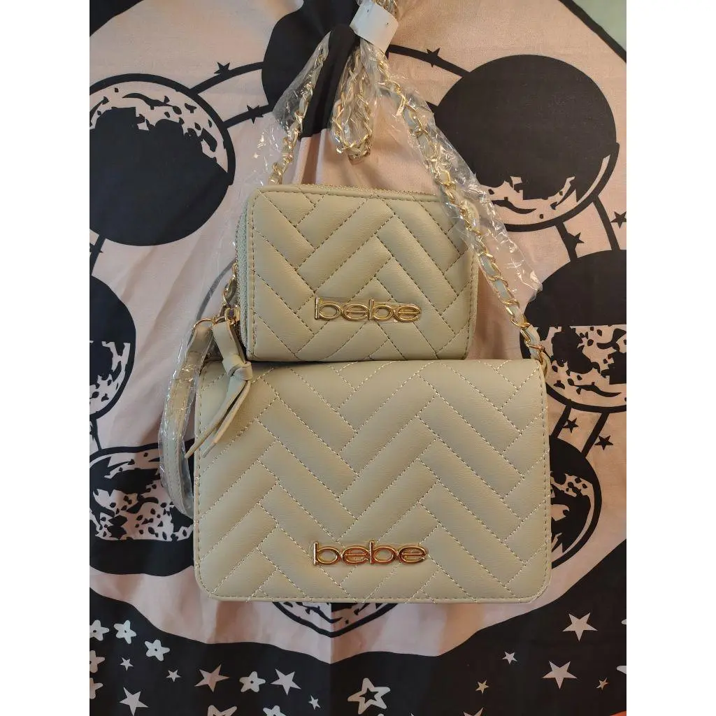 Bebe Quilted Crossbody Bag & Matching Wallet Set in Cream Color with Gold Tone Hardware