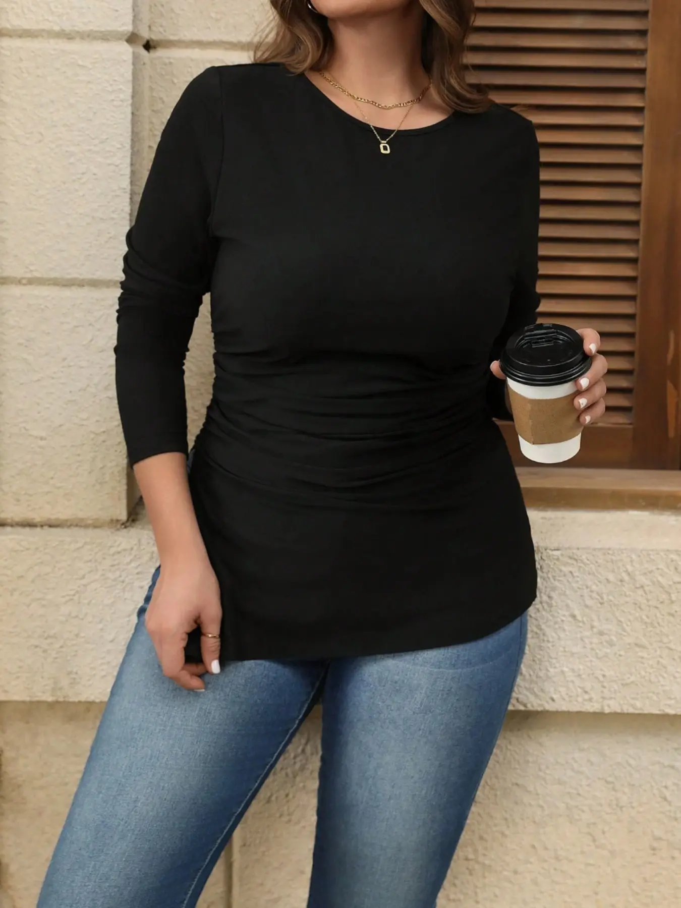 New Women's Plus Size Top for Spring/summer, Round Neck Long Sleeve, Waist Ruched Design, Side Slit, Asymmetrical Hem, Solid Color, Casual, Basic, Womenswear