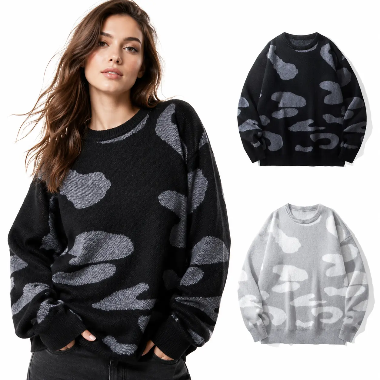 Women's Round Neck Abstract Cloud Camo Print Knitwear Top - Oversized Loose Fit, Soft Minimal Blotch Graphic, Longsleeves, Warm Knit Piece for Fall Winter Casual Streetwear Layering Pullover, Baggy, Warm Knitting