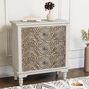 HOMPUS End Table w Flower Pattern,Nightstand w 3 Storage Drawers,Night Stand w Wood Grain Finish,Accent Table Side Table for Living Room