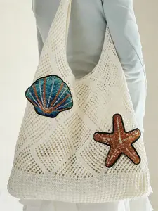 Practical texture large capacity hook woven sequin shoulder bag with starfish and shell pattern design, fashionable, personalized, casual and versatile shoulder bag, suitable for commuting, parties, dates
