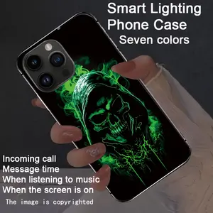 Halloween skull colorful smart voice control luminous phone case for iPhone 16-12. Features smart voice control, luminous technology, dazzling drop protection, glow-in-the-dark design, and a shockproof design.
