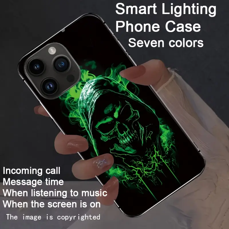 Halloween skull colorful smart voice control luminous phone case for iPhone 16-12. Features smart voice control, luminous technology, dazzling drop protection, glow-in-the-dark design, and a shockproof design.