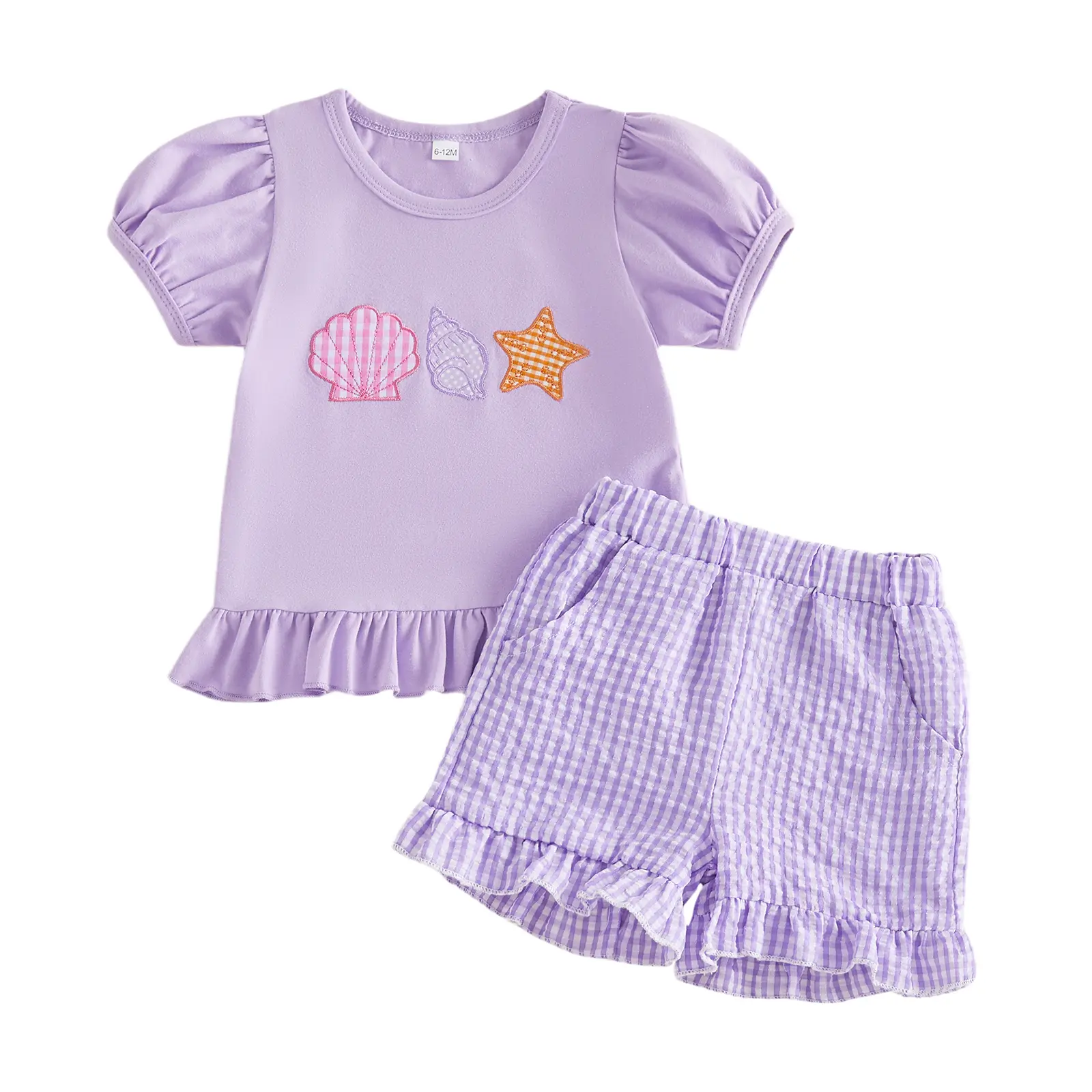 Baby Girls' Clothing Set, Summer 2-Piece Outfit with Embroidered Seashell T-Shirt and Purple Plaid Ruffle Shorts for Toddlers 6M-4T