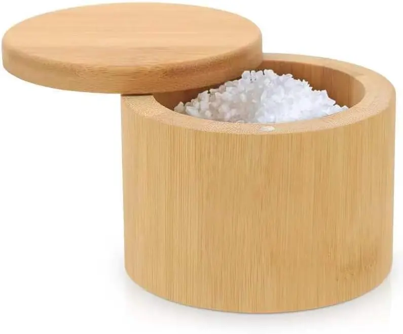 karmiero Salt Cellar, Bamboo Salt Container with Lid, Solid Salt Box Holder with 360° Swivel Lid for Countertop to Store Pepper Spice, Elegant Flaky Salt Containers Bowl on Your Kitchen, 6OZ